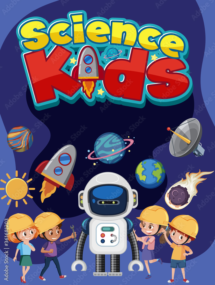 Fototapeta premium Science kids logo and kids wearing engineer costume with space objects