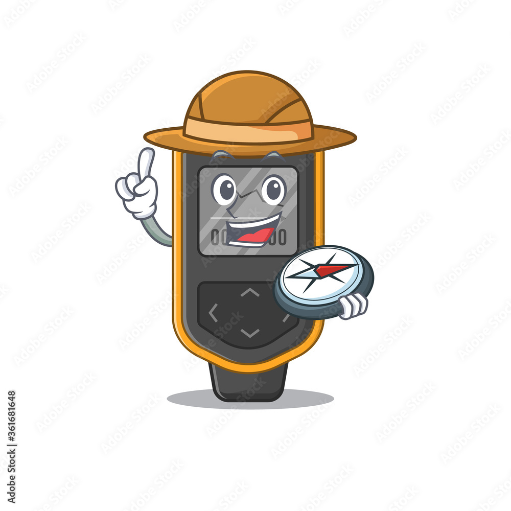 Dive computer mascot design style of explorer using a compass during the journey Dive computer mascot design style of explorer using a compass during the journey