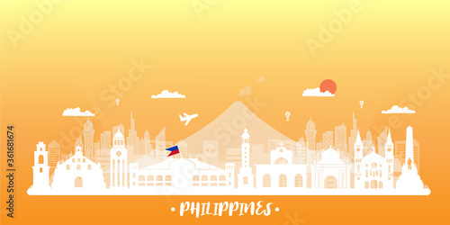Philippines Travel postcard, poster, tour advertising of world famous landmarks. Vectors illustrations