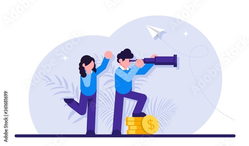 Business vision concept. Businessman and businesswoman look into a prosperous future with a telescope. Money stack. Modern flat illustration.