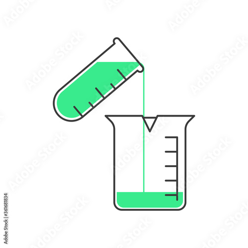 Pouring liquid from test tube to beaker. Concept of chemical experimentation in laboratory. Outline  thin line illustration. Flat style. Isolated on white background. 