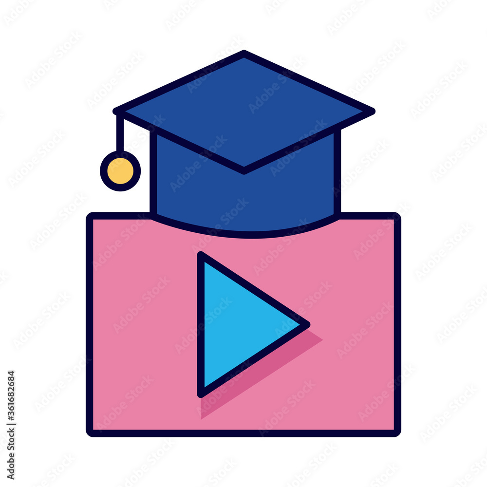 hat graduation with play button line and fill style icon hat graduation with play button line and fill style icon