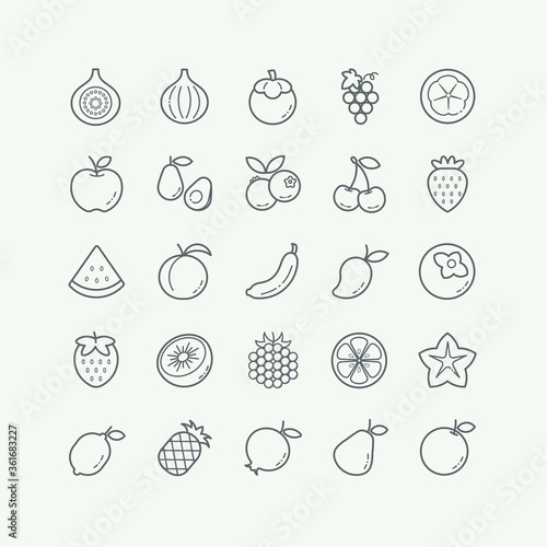 Fruit thin line icons set  outline style on light gray background.