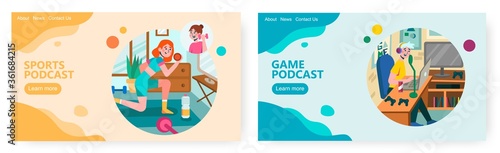 Woman exercise at home and watch fitness trainer online. Young gamer live streaming and podcast from home. Concept illustration. Vector web site design template. Landing page website illustration