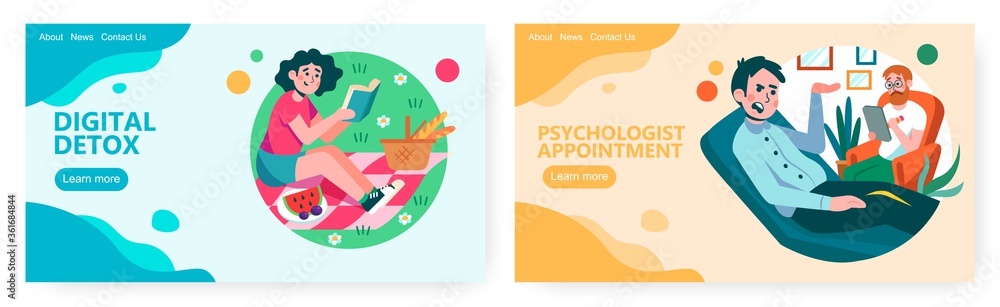 Girl went to picnic in a park to read a book. Psychology consultation and doctor appointment. Psychological help concept illustration. Vector web design template. Landing page website illustration