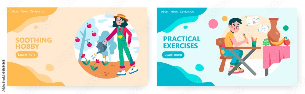 Woman watering flowers and tree in garden. Man trying to draw still life. Hobby concept illustration. Vector web site design template. Landing page website illustration Woman watering flowers and tree in garden. Man trying to draw still life. Hobby concept illustration. Vector web site design template. Landing page website illustration