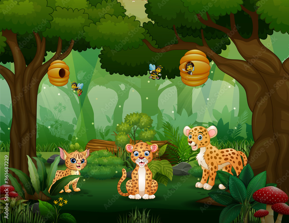 Obraz premium Cartoon leopard family playing in the middle of forest