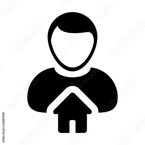 Farmhouse icon vector with person profile avatar male user in a flat color glyph pictogram illustration