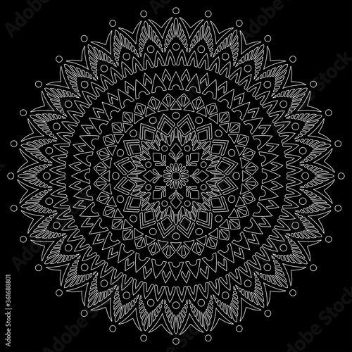 White outline mandala on a black doodles sketch