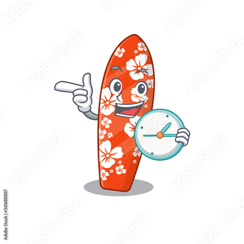 A picture of cheery surfboard holding a clock