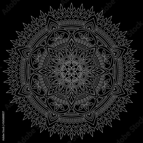 White outline mandala on a black doodles sketch