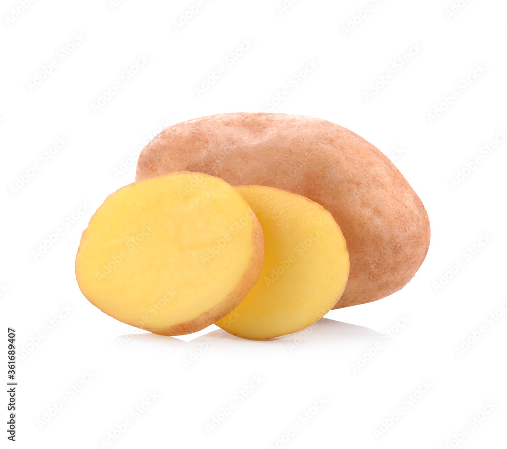Isolated potatoes. Cut raw potato vegetables isolated on white background with clipping path Isolated potatoes. Cut raw potato vegetables isolated on white background with clipping path