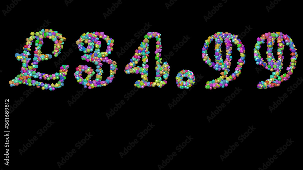 Colorful 3D writing of £34.99 text with small objects over a dark background and matching shadow