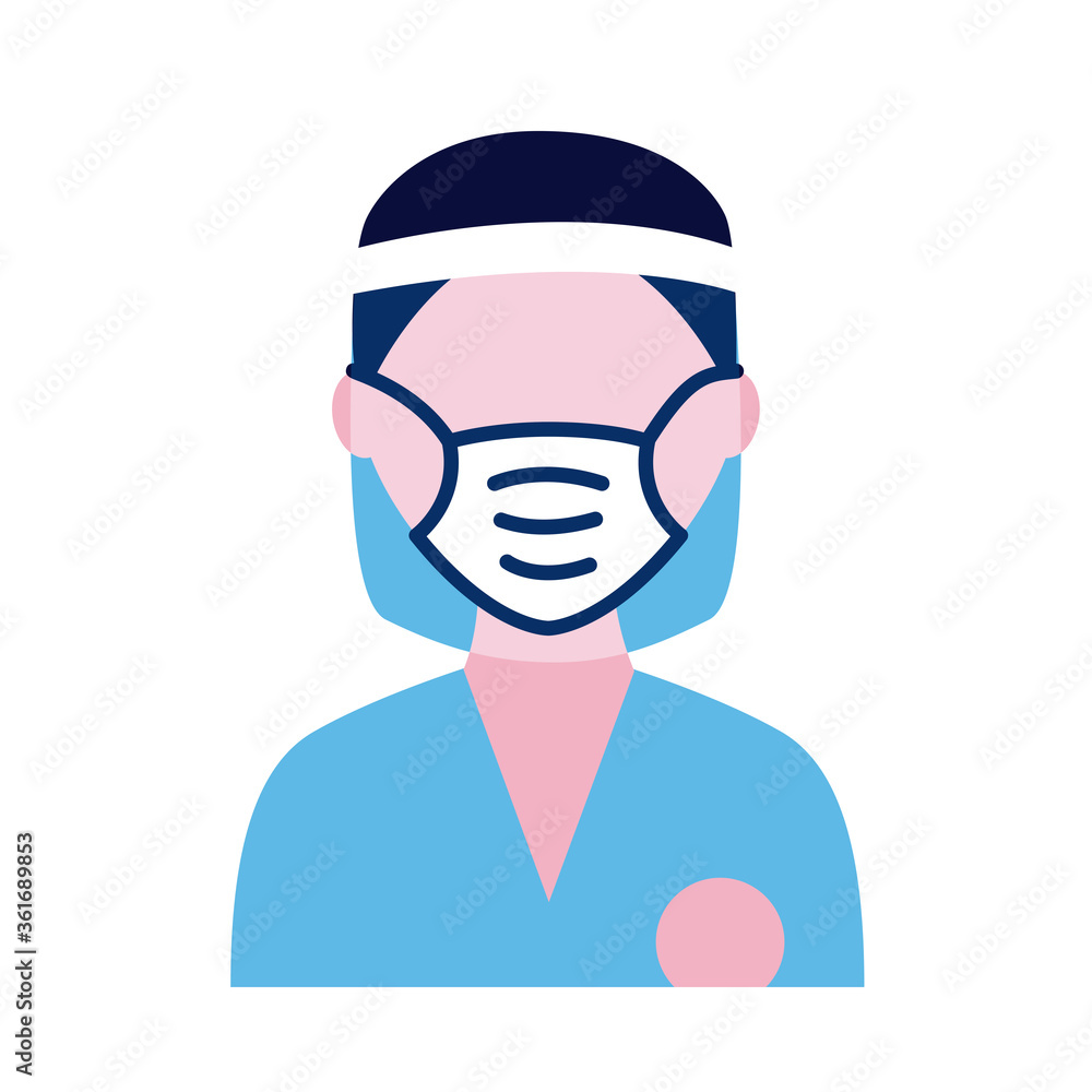 male wearing medical mask and face shield flat style icon