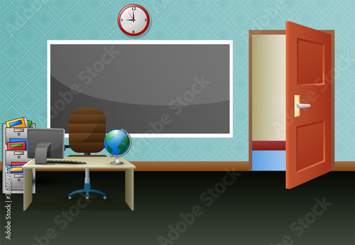 School classroom with chalkboard and teachers desk