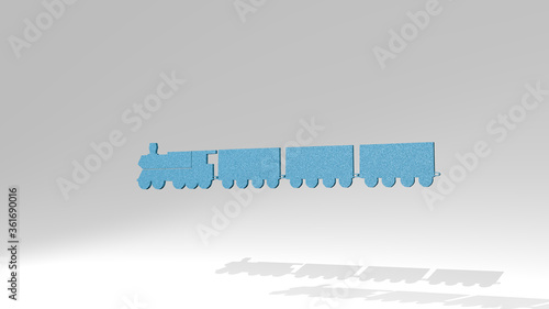 LOCOMOTIVE TRAIN WITH WAGONS made by 3D illustration of a shiny metallic sculpture on a wall with light background. railway and steam