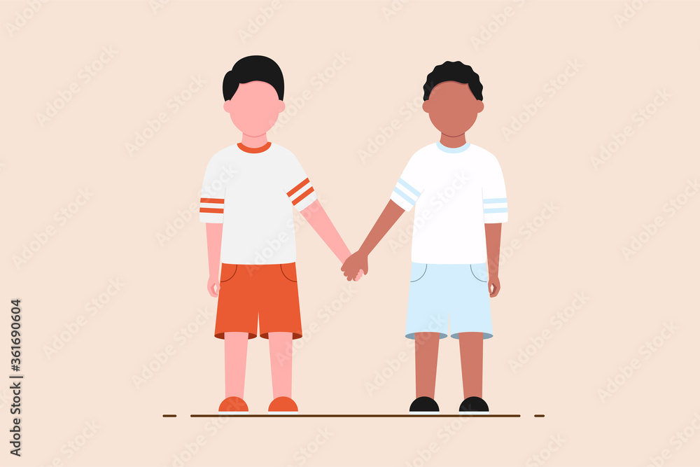 two children holding hands with different skin colors. symbol against racism. flat design