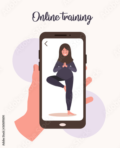 Online yoga and sport at home concept. Doing excercises with a mobile app. Stay healthy and fit during epidemic and quarantine. Vector illustration of arab woman in hijab teaching yoga via internet.