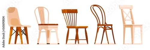 Chair furniture set. Modern comfortable table chair furniture collection isolated on white background. Different plastic and wooden stool type for dining room interior design vector illustration