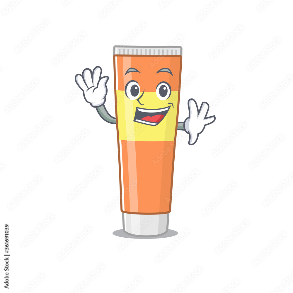 A charismatic toothpaste mascot design concept smiling and waving hand