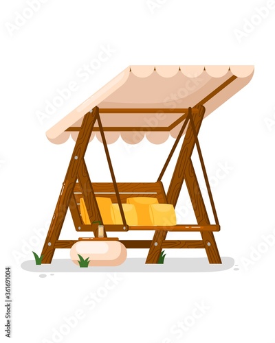 Garden swing. Isolated outside wooden swing bench seat with cushions, canopy and table icon. Vector garden, patio and backyard summer outdoor rest furniture