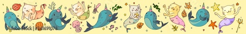 Mermaid cats and unicorn narwhals fantasy animals set. Funny mermaid cat, unicorn narwhal, sea shell, jellyfish, starfish collection. Vector fantasy underwater ocean animal drawings