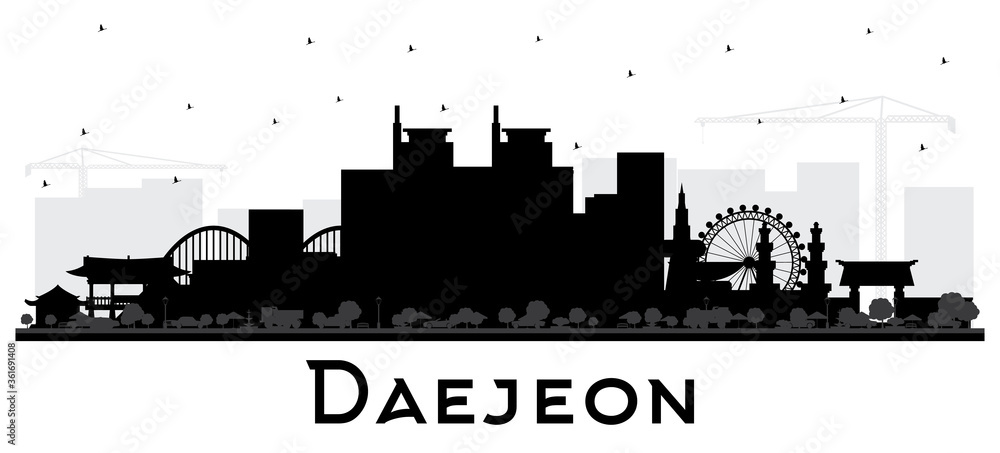 Daejeon South Korea City Skyline Silhouette with Black Buildings Isolated on White.