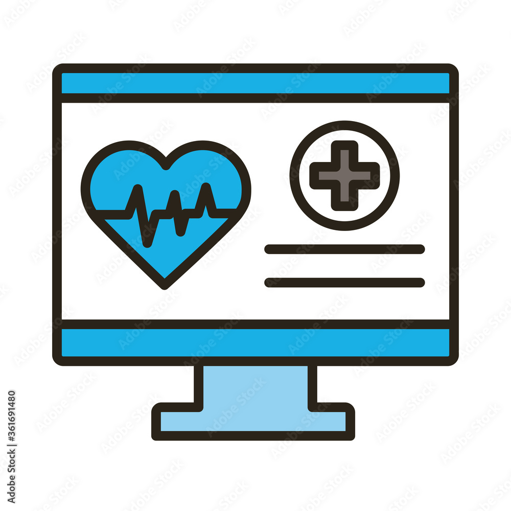 desktop with medical heart cardiology pulse line and fill style icon desktop with medical heart cardiology pulse line and fill style icon