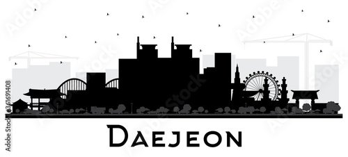 Daejeon South Korea City Skyline Silhouette with Black Buildings Isolated on White.