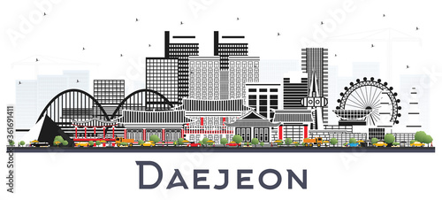Daejeon South Korea City Skyline with Color Buildings Isolated on White.