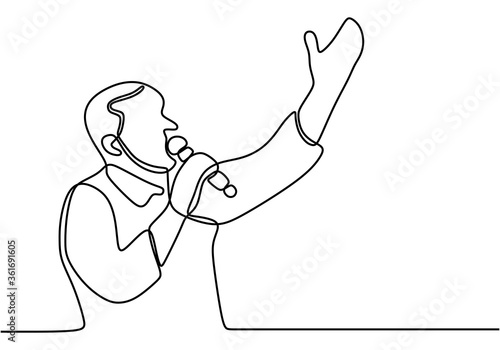 One continuous single line man shows welcome gesture. Happy friendly male holding mic in hand with hands up as welcome greeting to guests or tourists. Contour drawing vector illustration
