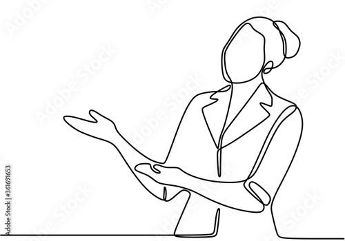 Continuous line drawing of beautiful girl showing gestures welcome. Cheerful cute girl standing standing and giving politely welcome to guests or tourists minimalism vector design illustration