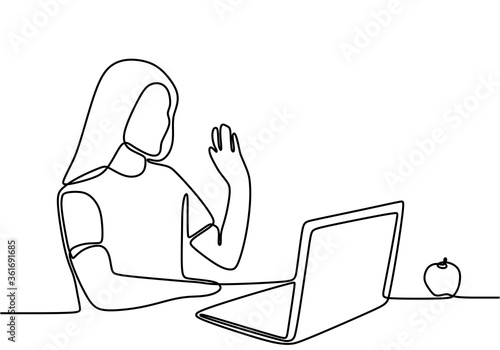 Continuous one single line drawing of woman relaxing at home using laptop computer for video call, skype. Happy young cute girl who wave hand smiling looks at pc screen. Vector illustration