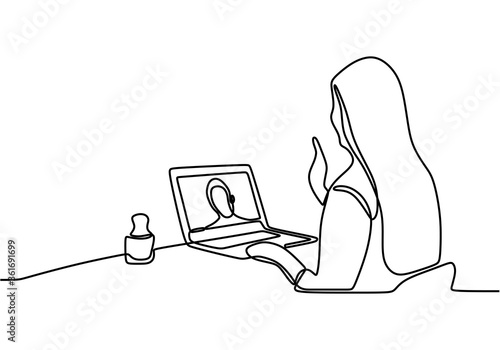 Continuous one single line drawing of woman relaxing at home using laptop computer for video call, skype. Happy young cute girl who wave hand smiling looks at pc screen. Vector illustration