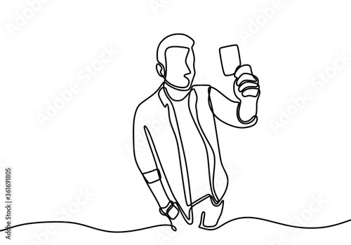 Continuous line drawing of boy teenager holding credit card. Young man pay for his shopping using a credit card. Character male in crazy rich isolated on white background. Vector illustration