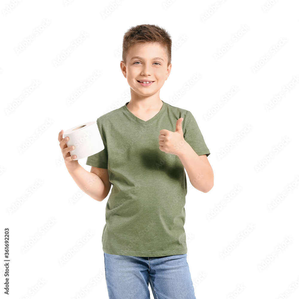 Funny little boy with toilet paper on white background Funny little boy with toilet paper on white background