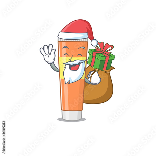 Cartoon design of toothpaste Santa having Christmas gift