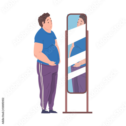 Fat Young Man Looking at his Reflection in the Mirror, Young Overweight Man Getting Fit Cartoon Vector Illustration on White Background