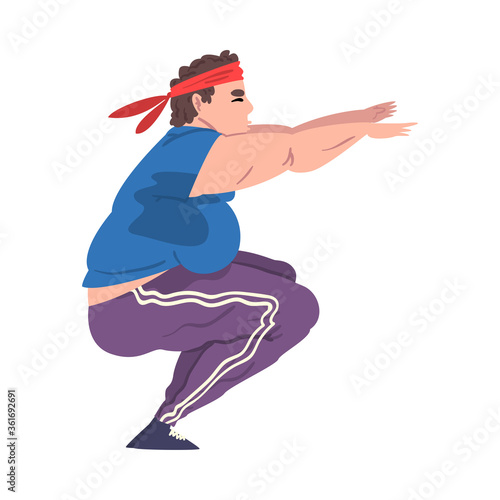 Young Overweight Man Doing Squats, Weight Loss Process, Fat Man Getting Fit Cartoon Vector Illustration on White Background