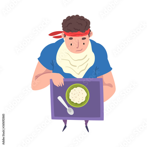 Young Overweight Man Eating Healthy Food, Weight Loss Process, Fat Man Getting Fit Cartoon Vector Illustration on White Background