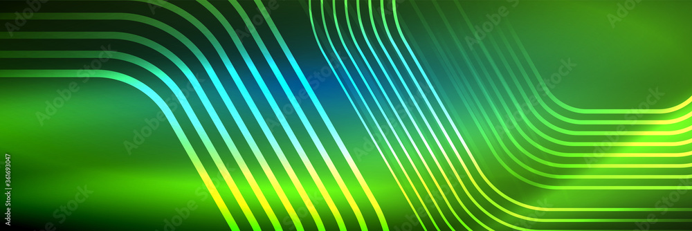 Shiny neon lines, stripes and waves, technology abstract background. Trendy abstract layout template for business or technology presentation, internet poster or web brochure cover, wallpaper Shiny neon lines, stripes and waves, technology abstract background. Trendy abstract layout template for business or technology presentation, internet poster or web brochure cover, wallpaper