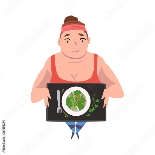 Plump Girl Eating Healthy Food, Weight Loss Process, Young Overweight Woman Getting Fit Cartoon Vector Illustration