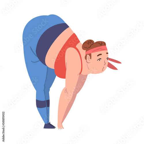 Plump Girl Doing Sports, Weight Loss Process, Young Overweight Woman Getting Fit Cartoon Vector Illustration on White Background
