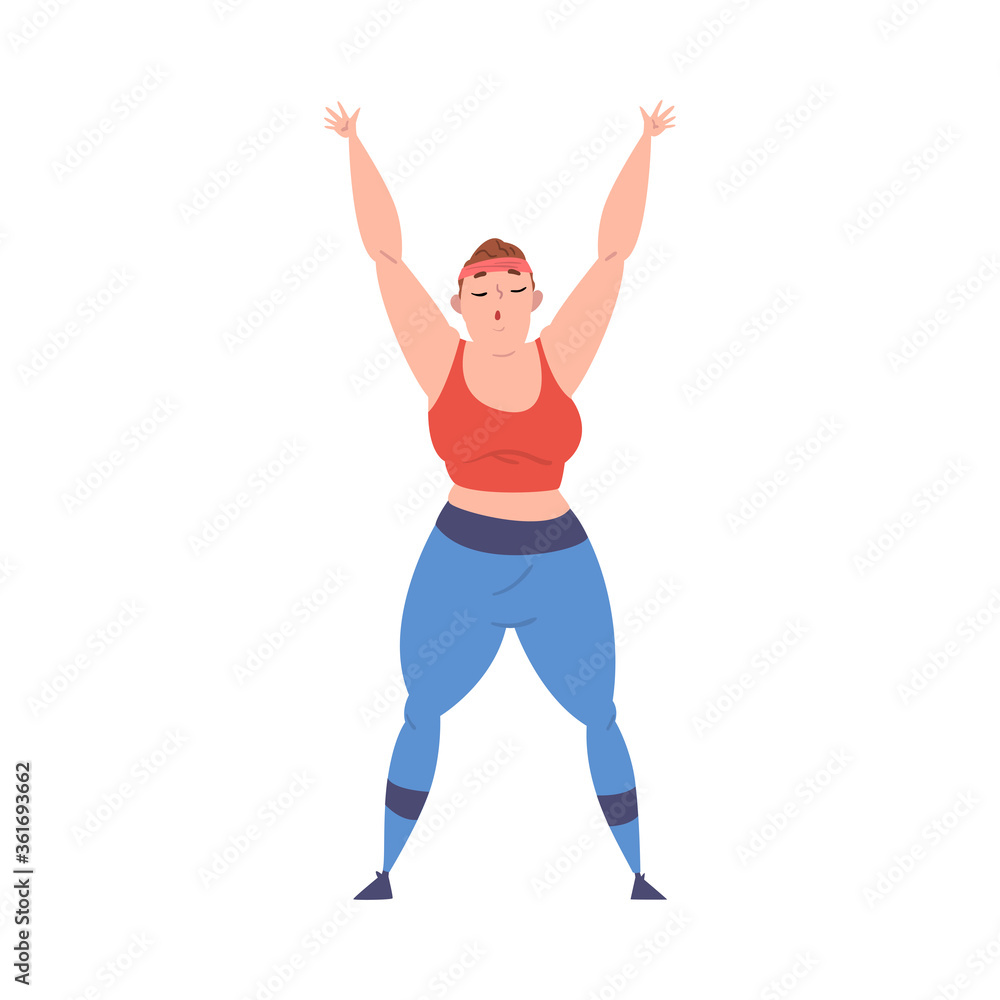 Plump Girl Doing Sport Exercise, Weight Loss Process, Young Overweight Woman Getting Fit Cartoon Vector Illustration on White Background