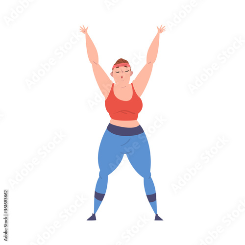 Plump Girl Doing Sport Exercise, Weight Loss Process, Young Overweight Woman Getting Fit Cartoon Vector Illustration on White Background