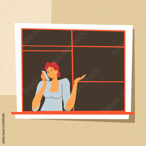 Woman at home talking on phone, female on self isolation