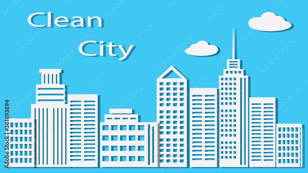 Clean city concept, white silhouettes of city buildings on blue background, paper cut style, environmental concept.