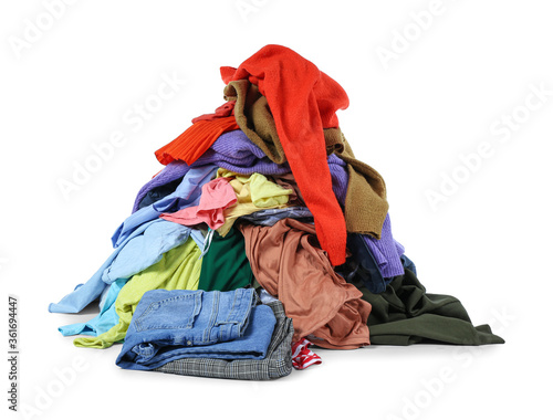 Heap of dirty clothes on white background