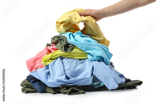 Female hand with dirty clothes on white background