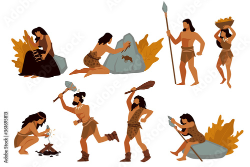 Tribal people, gatherers and hunters, prehistoric civilizations vector photo